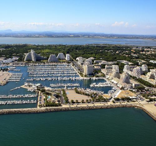 vistas aéreas a un puerto deportivo con condominios en Vittoria Immobilier 9 -REGLEMENT SUR PLACE - chèques vacances acceptés, en La Grande-Motte