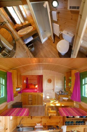 deux photos d'une salle de bain dans une petite maison dans l'établissement La Roulotte 4pl confort Au bord de la Rivière, à Laguépie