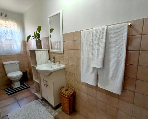 a bathroom with a toilet and a sink and towels at Sand Sittie in Sandbaai