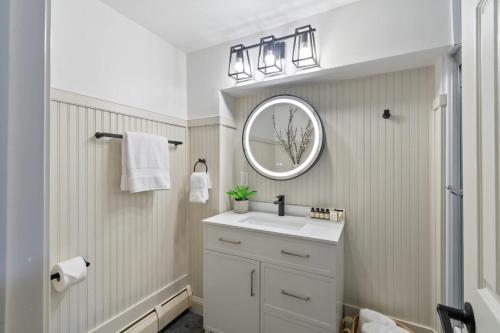 a bathroom with a sink and a mirror at The Gallagher House - Speakeasy Firepit Lakeview in Hammondsport