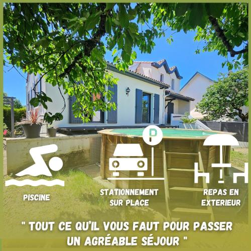 a flyer for a house with a car parked in the yard at Maison paisible proche centre avec piscine in Angoulême