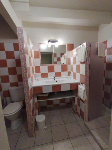 une salle de bain avec un lavabo, des toilettes et un miroir dans l'établissement Les Hauts de Cabanoule Générargues, à Générargues