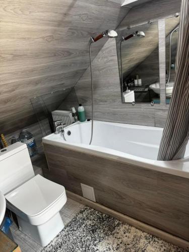 Un baño con bañera, inodoro y espejo. en KendovDvorec, en Chişinău