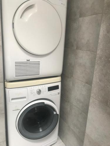 a washing machine with a mirror on top of it at Apartament z kotem in Bielsko-Biala