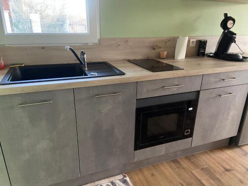 une cuisine avec un évier et un micro-ondes dans l'établissement Chez Mymy, à Lantenot