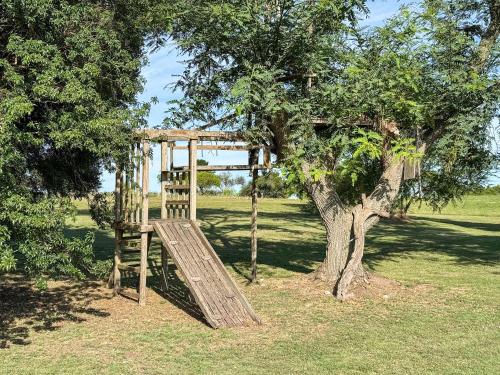 a wooden tree with a swing in front of a tree at La Casa de Cristal by Puerto Dijama in Carmelo