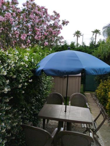 - une table de pique-nique avec un parasol bleu et des chaises dans l'établissement Studio Jardin Argelès plage, à Argelès-sur-Mer