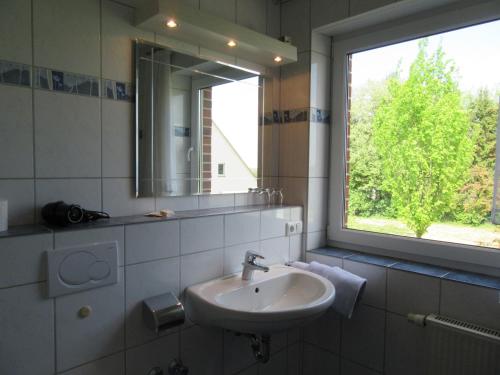 a bathroom with a sink and a window at Hotel Rose in Georgsmarienhütte