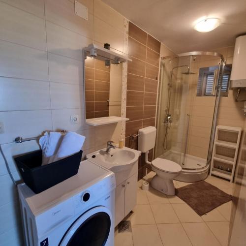 a bathroom with a toilet sink and a washing machine at Apartmani Gero in Lopar