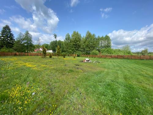 a field of green grass with a fence and trees at Drewniana ostoja in Jelonek