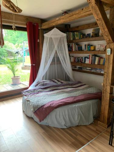 a bed in a room with a book shelf at Ferienhaus Feuer Wasser Luft Erde in Dobbrikow