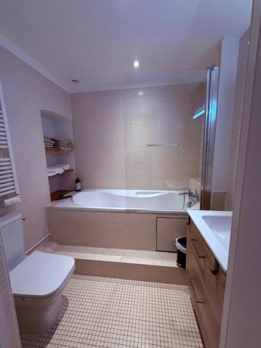 une salle de bain avec une baignoire, des toilettes et un lavabo dans l'établissement La réserve des drapiers, à Montauban