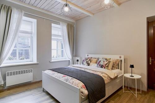 une chambre blanche avec un lit et deux fenêtres dans l'établissement Cosy and authentic apartment in Vilnius Old Town, à Vilnius