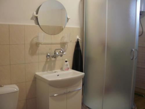 a bathroom with a sink and a shower with a mirror at Pokoje w Pucku u Ewy in Puck