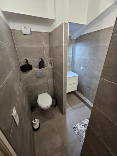 une salle de bain avec toilettes et lavabo dans l'établissement Beau Duplex T3 de 66 m2 en plein centre de Montpellier Tout confort et bien situé, à Montpellier