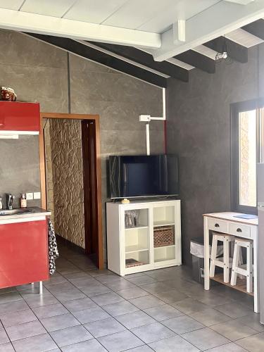 Il comprend une cuisine avec un comptoir et une télévision murale. dans l'établissement Appartement proche des plages de sable, à Grosseto-Prugna