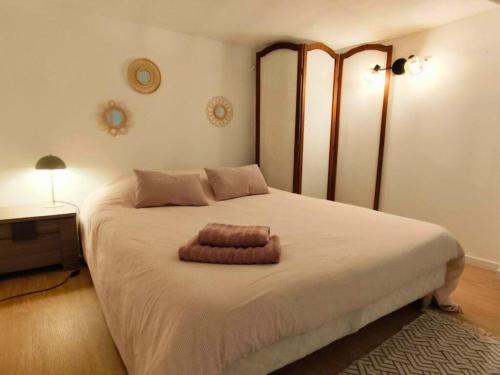 - une chambre avec un grand lit et un oreiller dans l'établissement Appartement de charme 2ch centre historique, WIFI, à Montpellier