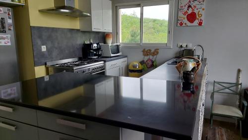 a kitchen with a black counter top and a stove at Notre petit coin de paradis in Saint-Germain-du-Bel-Air