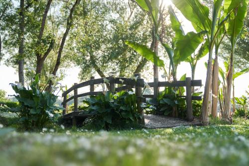 a wooden bench sitting in the grass near trees at Clos Bernon in Libourne