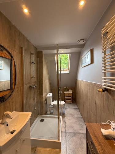 a bathroom with a shower and a sink and a toilet at Biały Jar Ski & Bike Apartamenty w Karpaczu przy wyciągu z widokiem in Karpacz