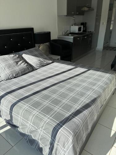 Cette chambre comprend un grand lit et une cuisine. dans l'établissement Naturiste Cap d'Agde Héliopolis F 4, au Cap d'Agde