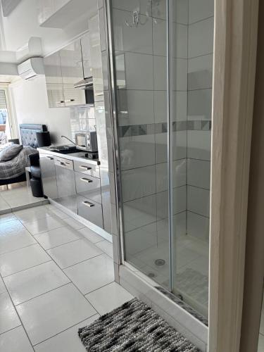 La salle de bains est pourvue d'une douche en verre. dans l'établissement Naturiste Cap d'Agde Héliopolis F 4, au Cap d'Agde