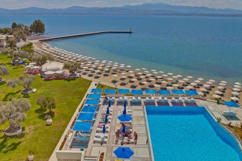 an aerial view of a resort with a pool and umbrellas at Palmariva Beach Hotel in Eretria