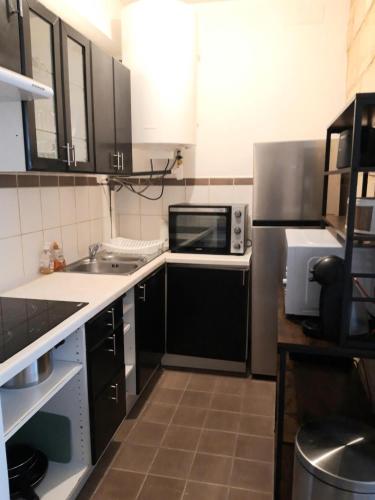 une petite cuisine avec un évier et un micro-ondes dans l'établissement Appartement de charme proche citadelle, à Blaye