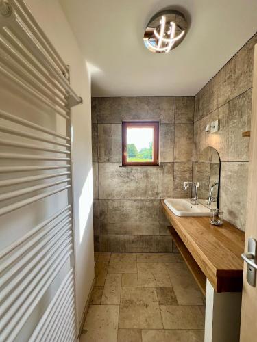 une salle de bain avec un lavabo et un miroir dans l'établissement Gîte de petit Pierre, 