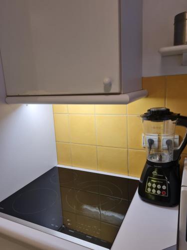 une cuisine avec un mixeur sur un comptoir dans l'établissement Perle de la côte, à Menton