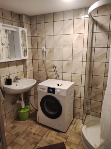 a bathroom with a washing machine and a sink at Karmelita vendégház in Sopron