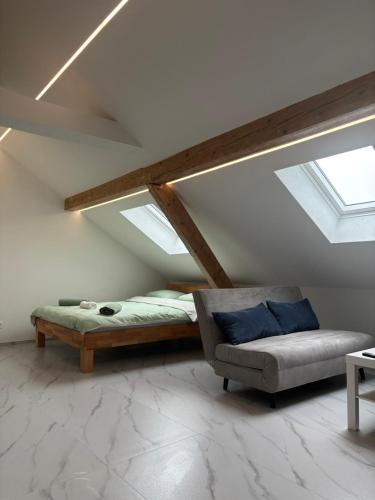 a bedroom with a bed and a couch and skylights at Studio Alma in Bôle