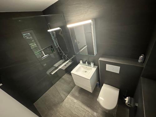 a bathroom with a white toilet and a sink at V.I.P Appartement in Böttstein