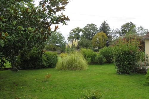 une cour avec de l'herbe, des arbres et des buissons dans l'établissement Le toucan, à La Celle-sous-Gouzon