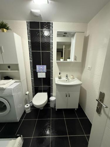 a bathroom with a toilet and a sink at Close to the Airport 15 minutes walk & Therme -SELF CHECK-IN in Otopeni