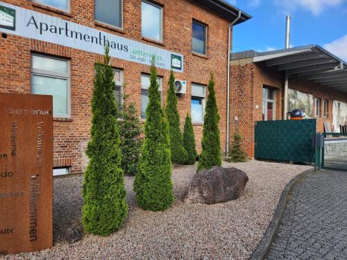 a group of trees in front of a building at Unterwegs ins Apartmenthaus ehemalige Apartmenthaus Unterwegs in Rostock