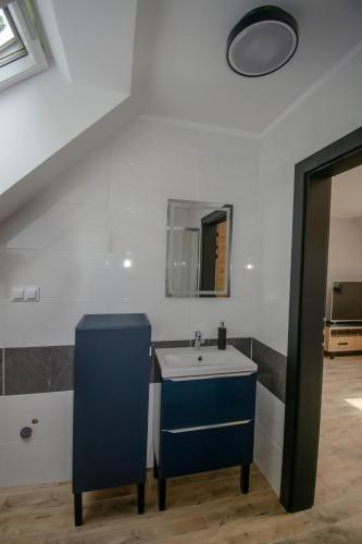 a bathroom with a blue sink and a mirror at Dębowa Przystań in Boszkowo-Letnisko