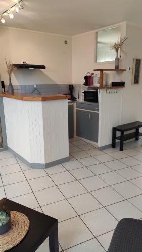 - une cuisine avec un comptoir dans une pièce dans l'établissement Posé sur la plage plein centre ville, à Dinard