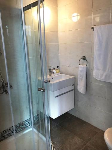 a bathroom with a sink and a shower at Cobblers in Maroni