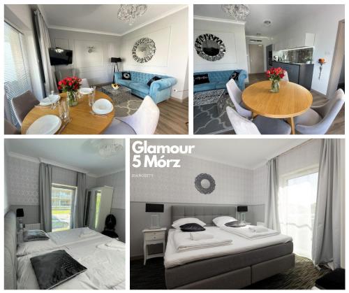 kolaż czterech zdjęć pokoju w obiekcie Apartament Glamour - 5 Mórz - Basen - SPA - Sauna w Sianożętach