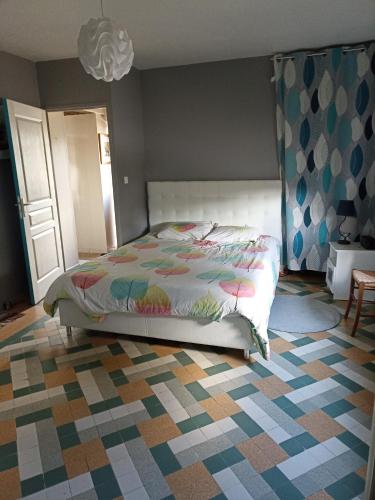 - une chambre avec un lit et un tapis coloré dans l'établissement Maison de campagne en brenne, à Saulnay