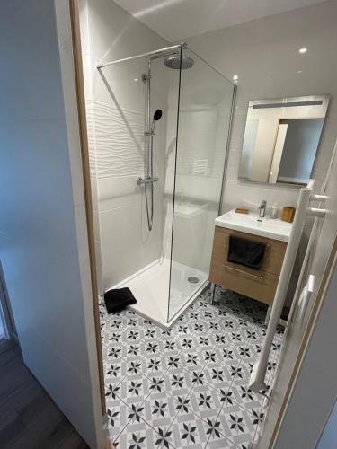 une salle de bain avec douche et lavabo dans l'établissement Maison atypique Les Venages, à Naveil