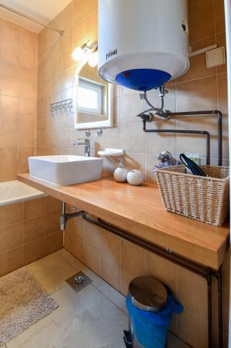 a bathroom with a counter with a sink and a mirror at Apartman Babara in Seliste Dreznicko