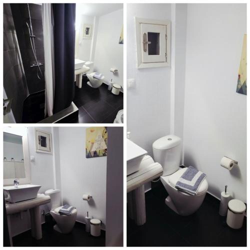 three pictures of a bathroom with a toilet and a sink at Alos in Ammouliani