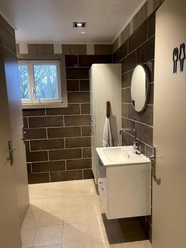 une salle de bain avec un lavabo et un miroir dans l'établissement la rose d'ontario, cottage, 