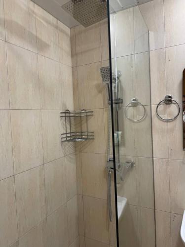 a bathroom with a shower with a glass door at Sweet home 55 in the heart of Dilijan in Dilijan