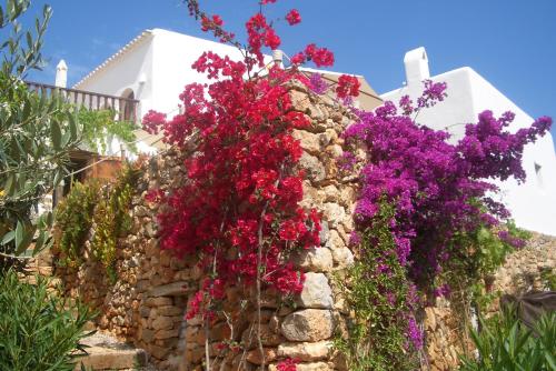 a stone wall with red and purple flowers at Agroturismo Can Pardal in Sant Miquel de Balansat
