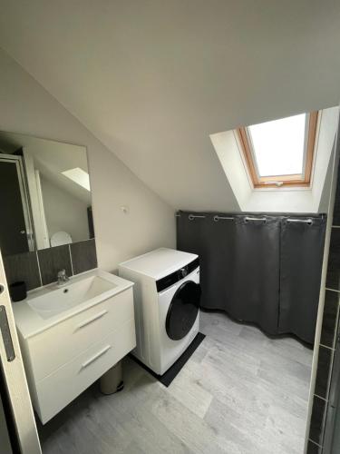 une salle de bain avec un lavabo, des toilettes et un miroir dans l'établissement Séjour cosy à 2 pas de la Loire, à Jargeau