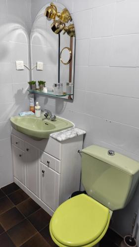 a bathroom with a green toilet and a sink at Granja de San Antonio in Fresnedillas