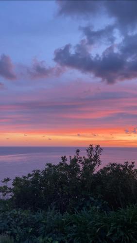 a sunset over the ocean with trees in the foreground at Villa Luxe Mare & Parco Privato in Vesima